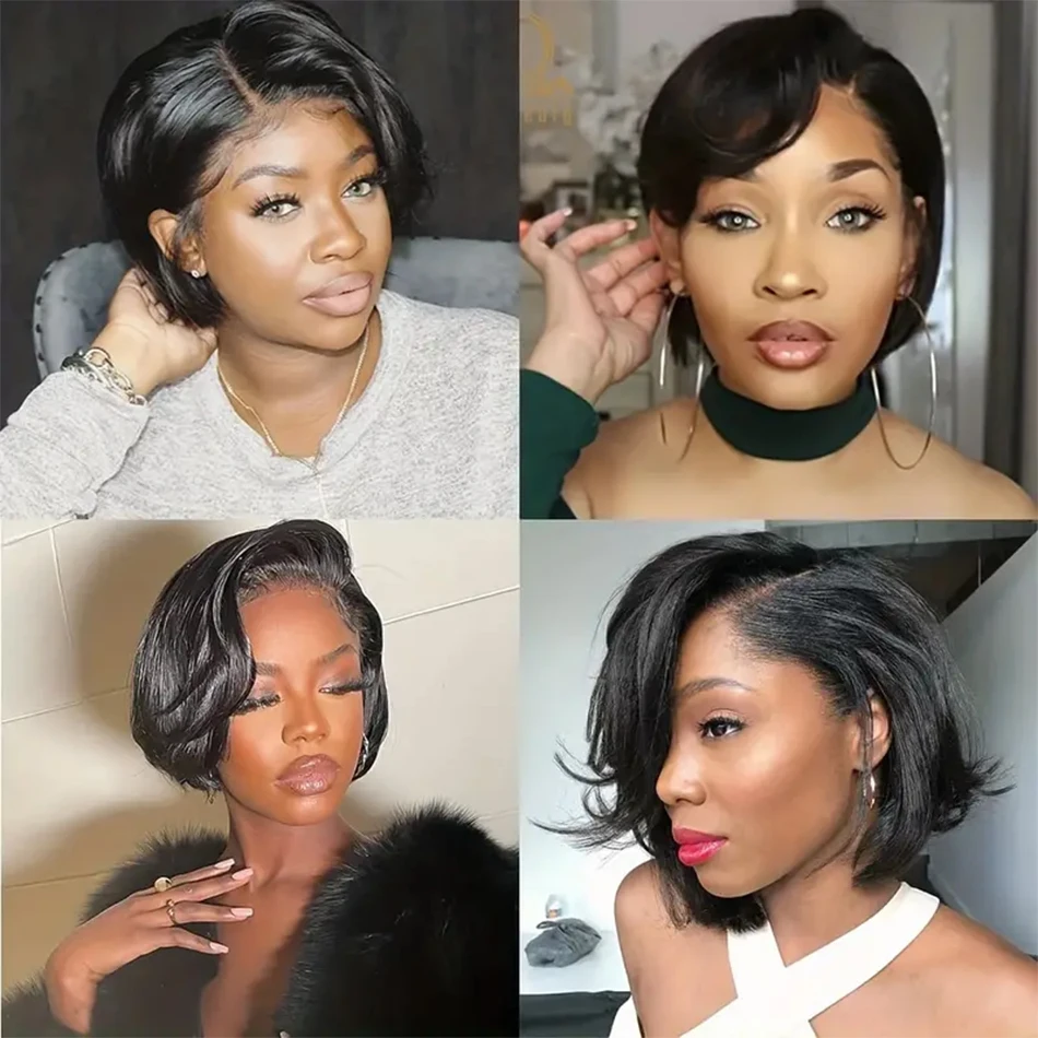 Perruque Pixie Cut en dentelle, cheveux humains, pour femmes, perruque courte droite transparente, perruque en dentelle pré-épilée, cheveux vierges brésiliens. – Image 5