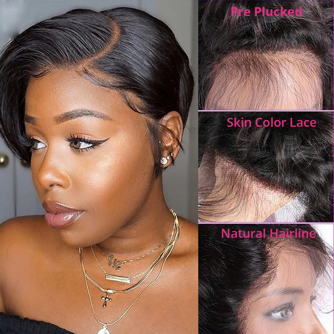 Perruque Pixie Cut en dentelle, cheveux humains, pour femmes, perruque courte droite transparente, perruque en dentelle pré-épilée, cheveux vierges brésiliens. – Image 10