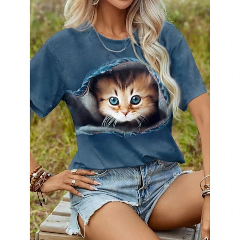 T-shirts décontractés pour femmes avec imprimé chat de dessin animé 3D amusant, col rond, manches courtes, vêtements féminins tendance, chemisier d'été pour filles, t-shirts amples – Image 6
