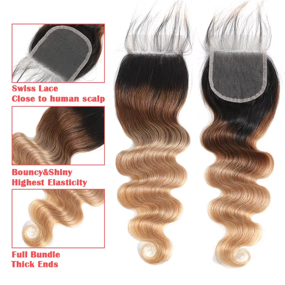 Mèches de cheveux humains ondulés couleur ombrée avec closure, 100% cheveux vierges non traités, couleur 1b/27, extensions de cheveux humains. – Image 24