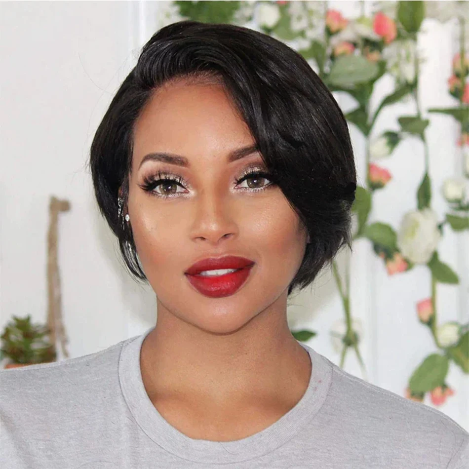 Perruque Pixie Cut en dentelle, cheveux humains, pour femmes, perruque courte droite transparente, perruque en dentelle pré-épilée, cheveux vierges brésiliens.