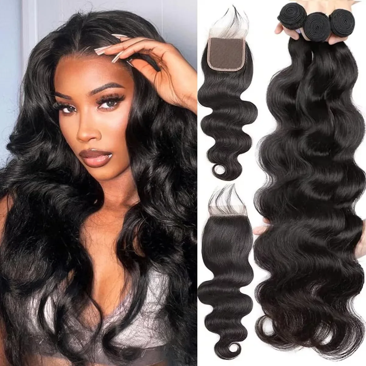 Mèches de cheveux humains ondulés couleur ombrée avec closure, 100% cheveux vierges non traités, couleur 1b/27, extensions de cheveux humains. – Image 7