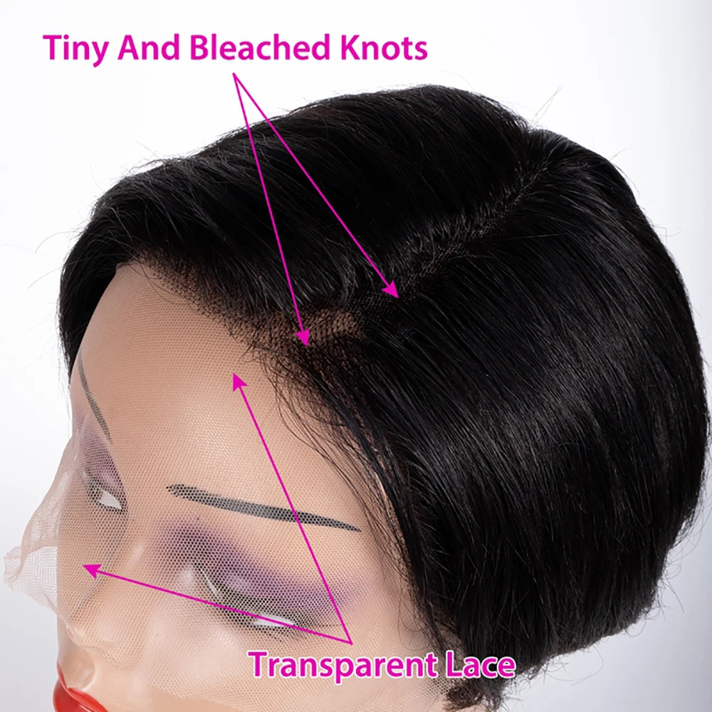 Perruque Pixie Cut en dentelle, cheveux humains, pour femmes, perruque courte droite transparente, perruque en dentelle pré-épilée, cheveux vierges brésiliens. – Image 14
