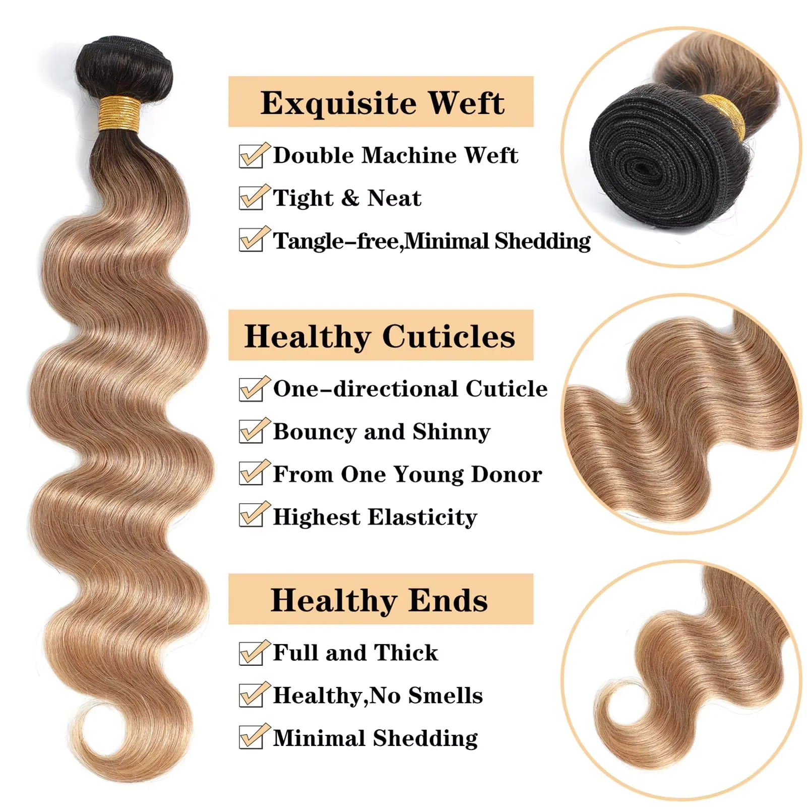 Mèches de cheveux humains ondulés couleur ombrée avec closure, 100% cheveux vierges non traités, couleur 1b/27, extensions de cheveux humains. – Image 13