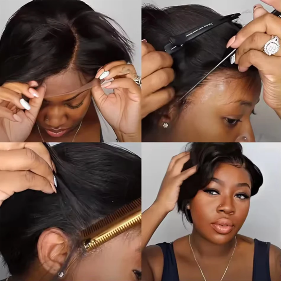 Perruque Pixie Cut en dentelle, cheveux humains, pour femmes, perruque courte droite transparente, perruque en dentelle pré-épilée, cheveux vierges brésiliens. – Image 4