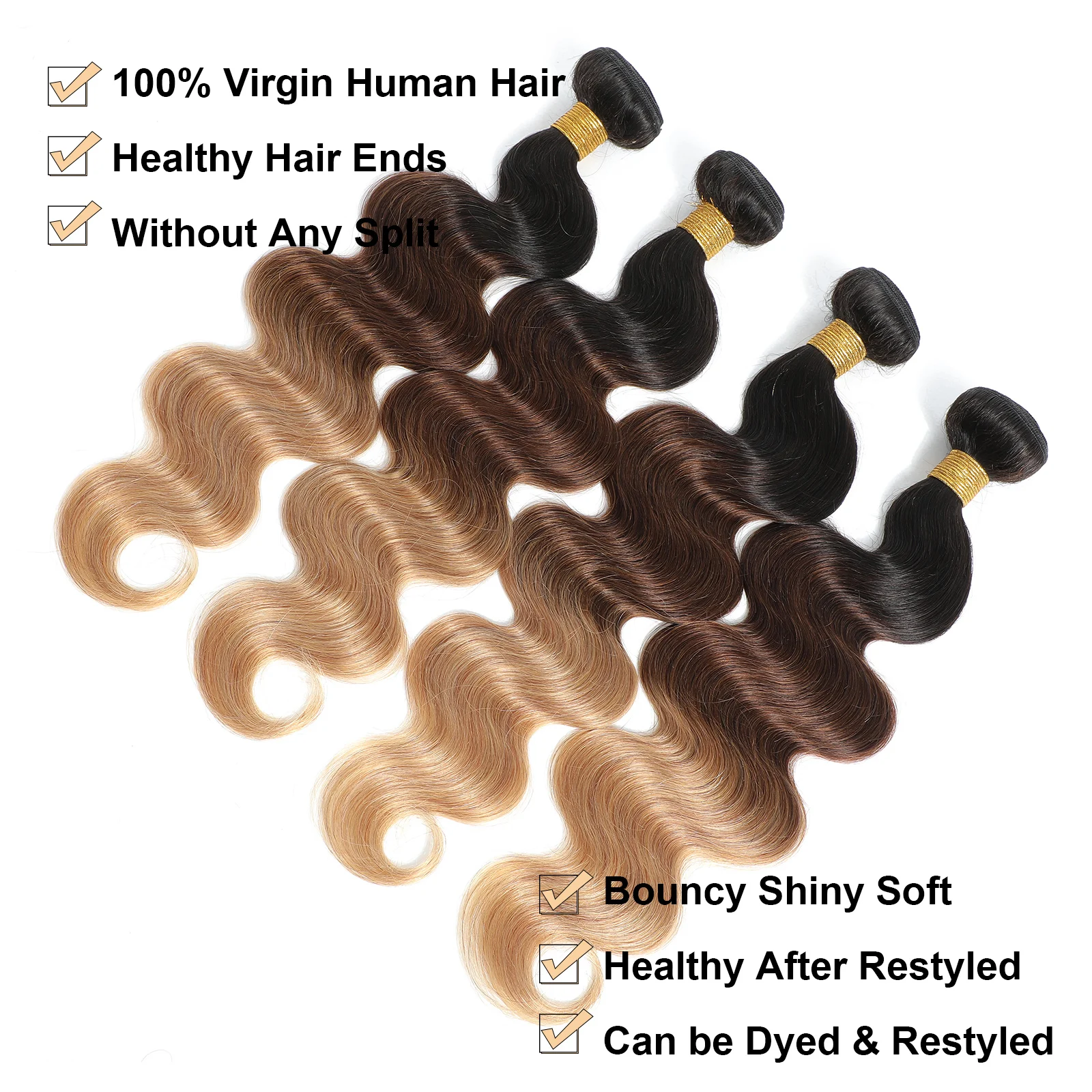 Mèches de cheveux humains ondulés couleur ombrée avec closure, 100% cheveux vierges non traités, couleur 1b/27, extensions de cheveux humains. – Image 21