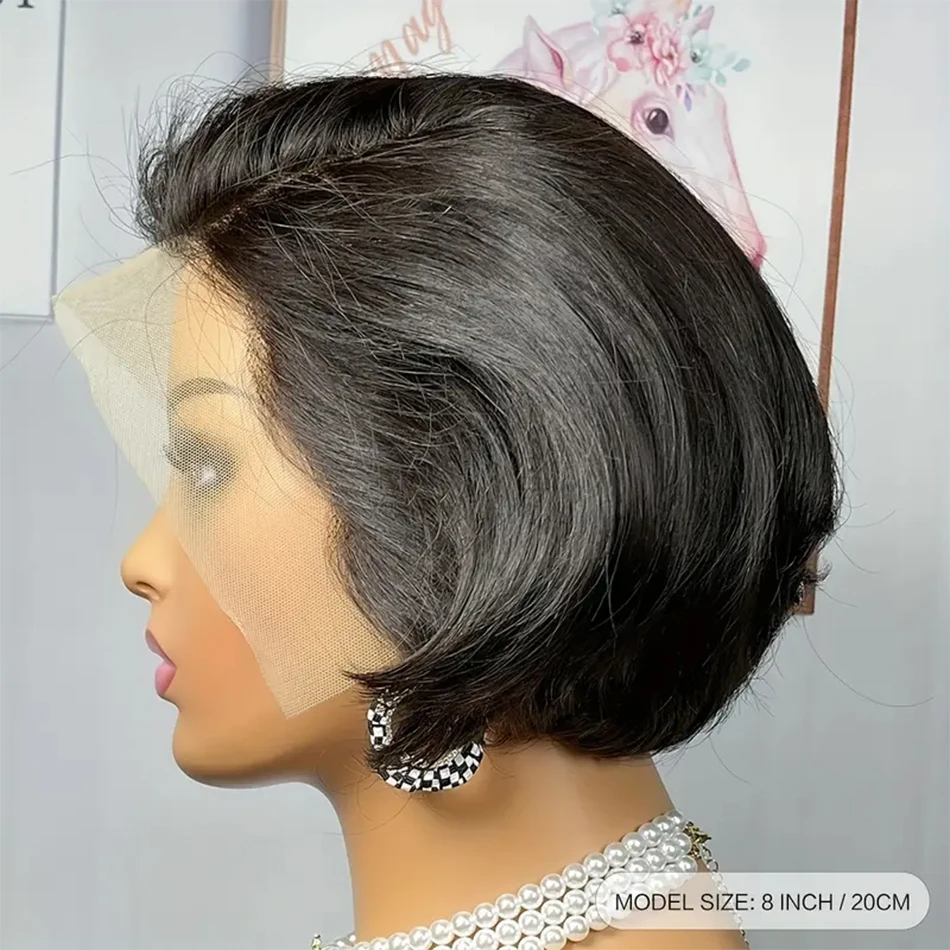Perruque Pixie Cut en dentelle, cheveux humains, pour femmes, perruque courte droite transparente, perruque en dentelle pré-épilée, cheveux vierges brésiliens. – Image 3