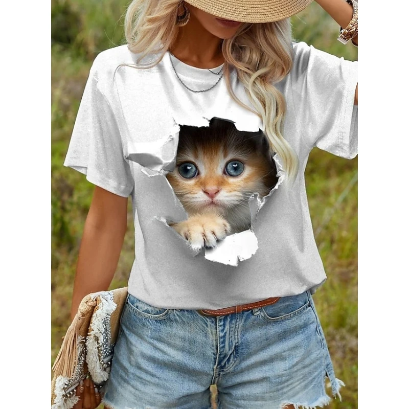 T-shirts décontractés pour femmes avec imprimé chat de dessin animé 3D amusant, col rond, manches courtes, vêtements féminins tendance, chemisier d'été pour filles, t-shirts amples – Image 2