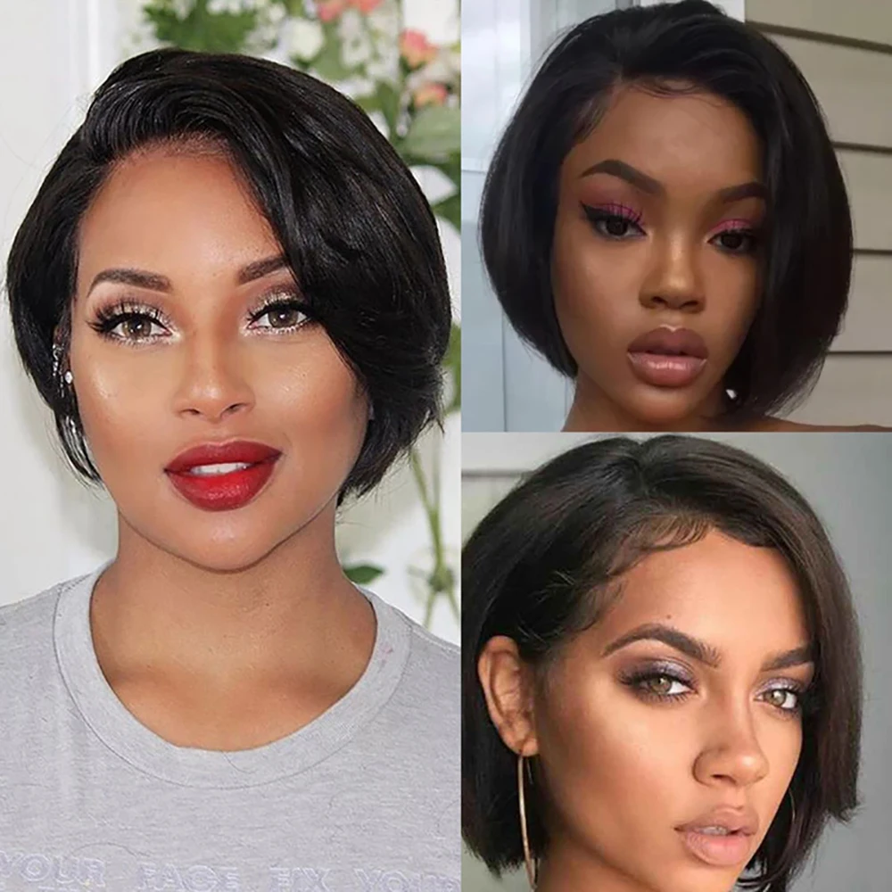 Perruque Pixie Cut en dentelle, cheveux humains, pour femmes, perruque courte droite transparente, perruque en dentelle pré-épilée, cheveux vierges brésiliens. – Image 8