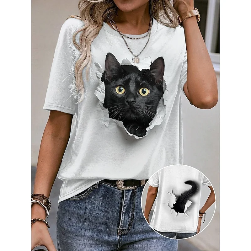 T-shirts décontractés pour femmes avec imprimé chat de dessin animé 3D amusant, col rond, manches courtes, vêtements féminins tendance, chemisier d'été pour filles, t-shirts amples – Image 7