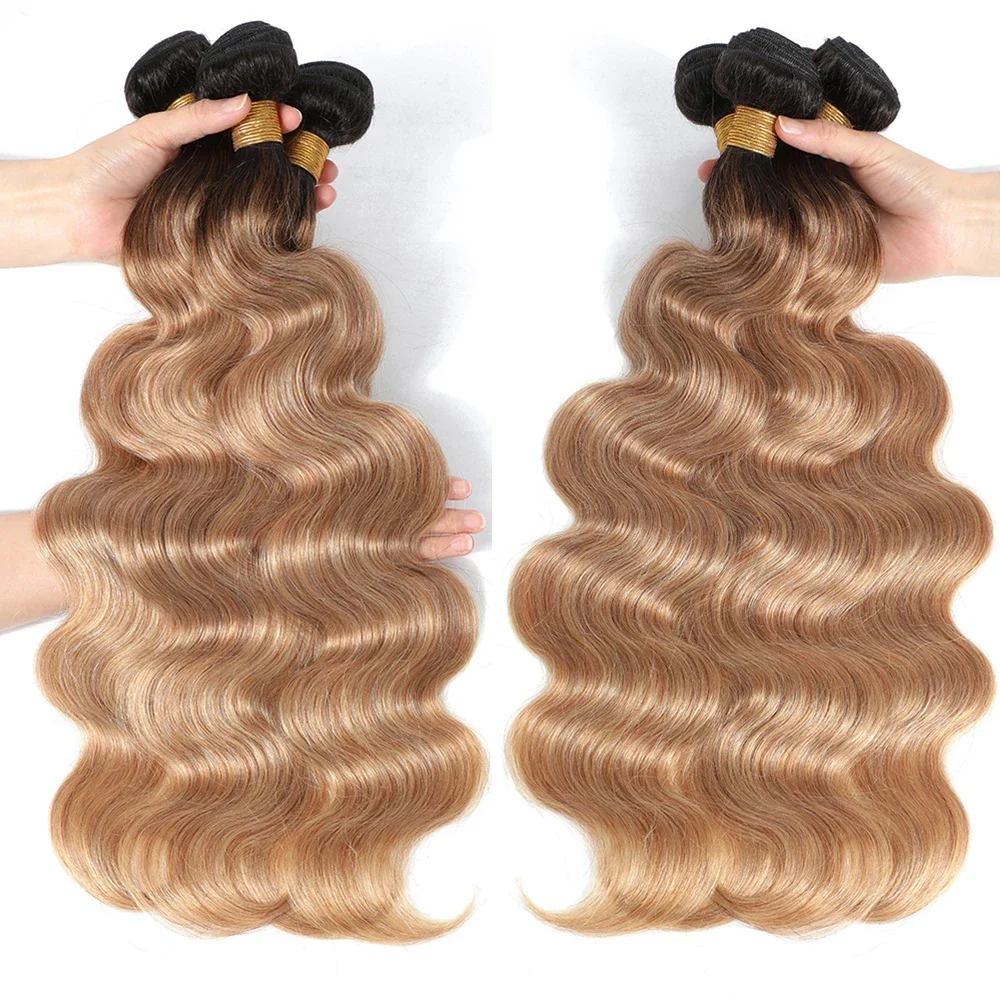 Mèches de cheveux humains ondulés couleur ombrée avec closure, 100% cheveux vierges non traités, couleur 1b/27, extensions de cheveux humains. – Image 5