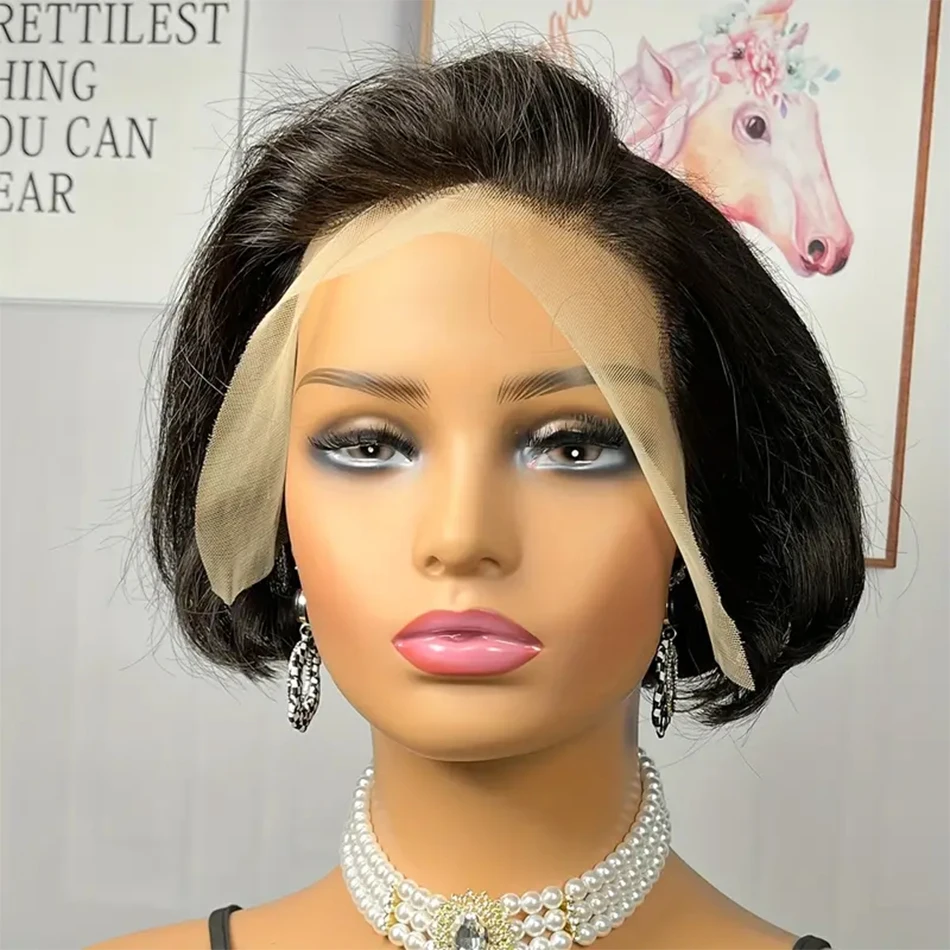 Perruque Pixie Cut en dentelle, cheveux humains, pour femmes, perruque courte droite transparente, perruque en dentelle pré-épilée, cheveux vierges brésiliens. – Image 2