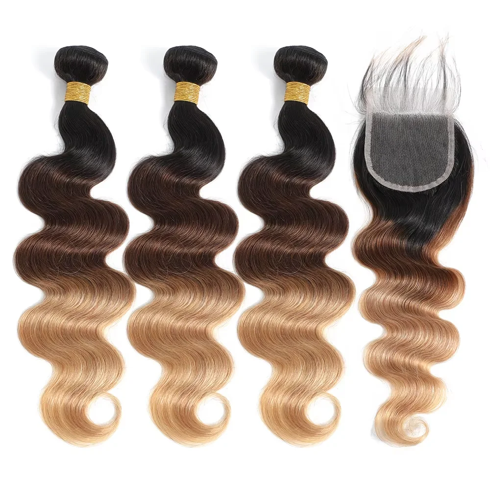 Mèches de cheveux humains ondulés couleur ombrée avec closure, 100% cheveux vierges non traités, couleur 1b/27, extensions de cheveux humains. – Image 20