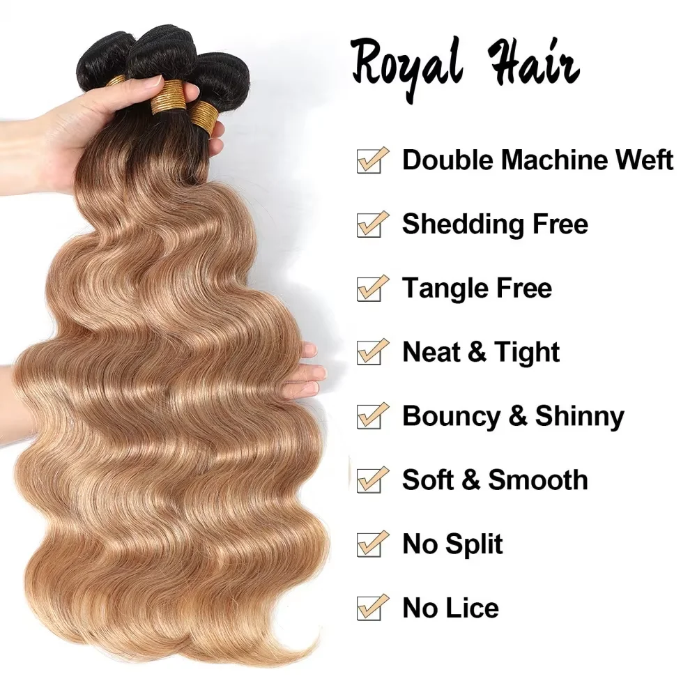 Mèches de cheveux humains ondulés couleur ombrée avec closure, 100% cheveux vierges non traités, couleur 1b/27, extensions de cheveux humains. – Image 2