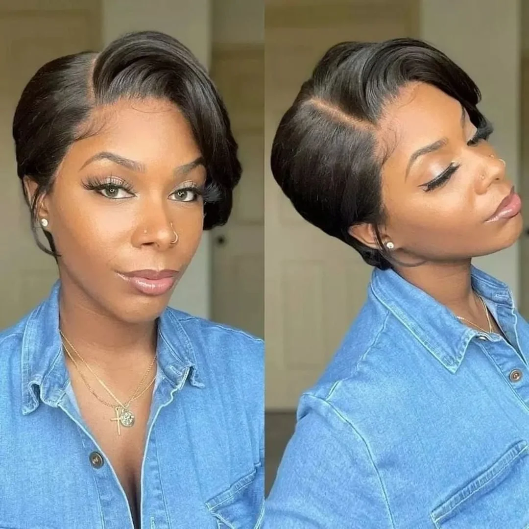Perruque Pixie Cut en dentelle, cheveux humains, pour femmes, perruque courte droite transparente, perruque en dentelle pré-épilée, cheveux vierges brésiliens. – Image 11