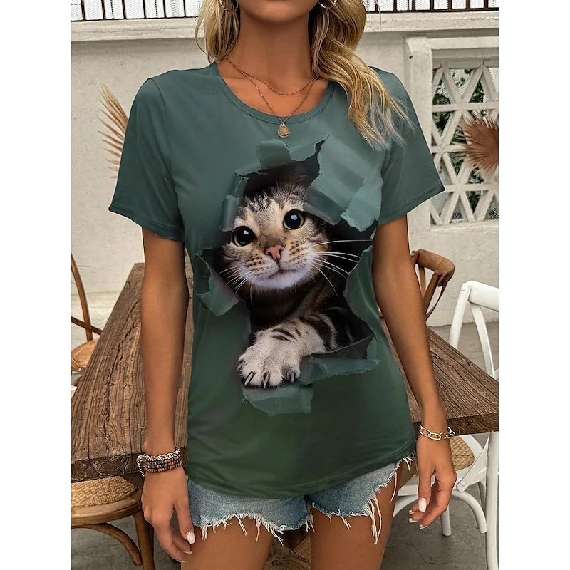 T-shirts décontractés pour femmes avec imprimé chat de dessin animé 3D amusant, col rond, manches courtes, vêtements féminins tendance, chemisier d'été pour filles, t-shirts amples – Image 5
