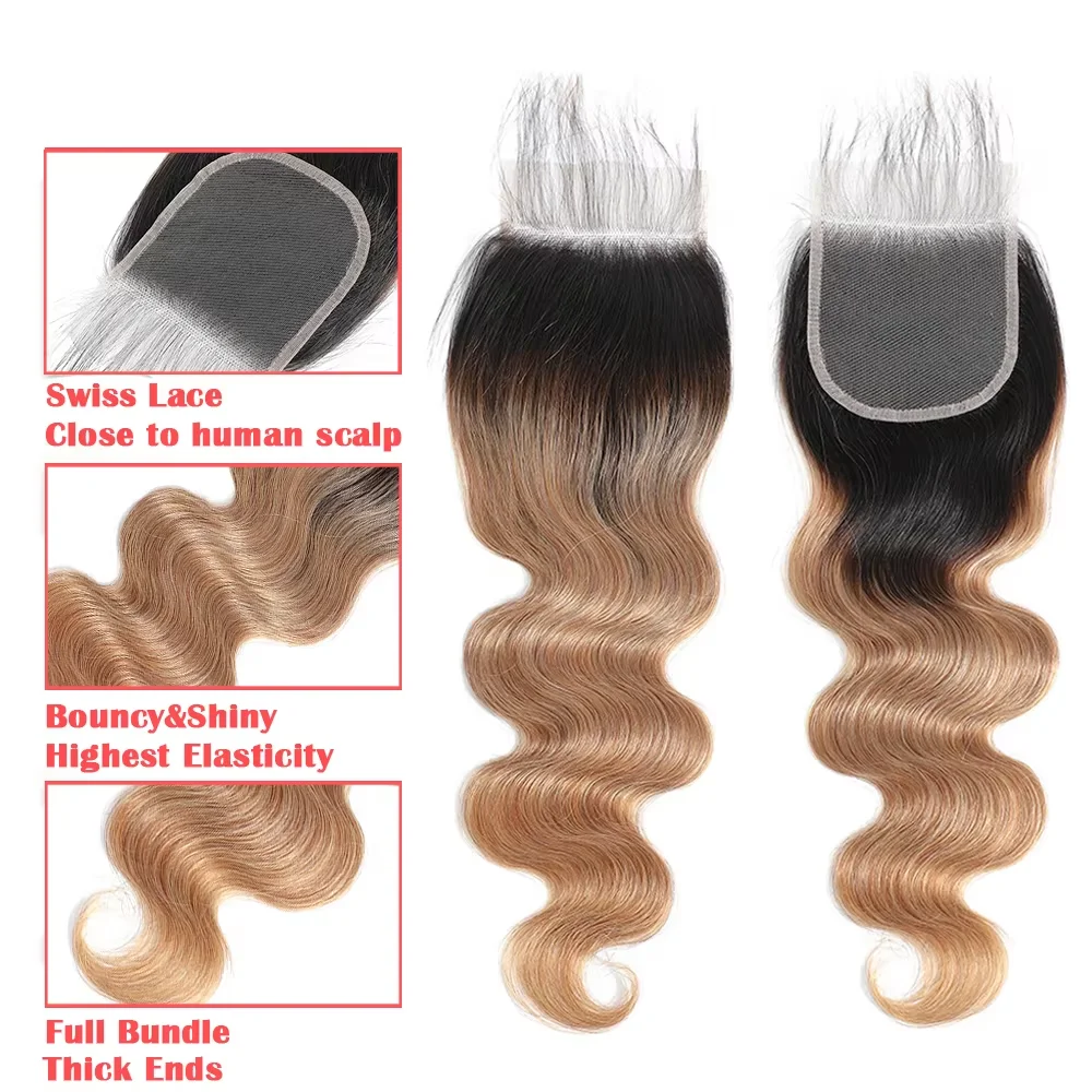 Mèches de cheveux humains ondulés couleur ombrée avec closure, 100% cheveux vierges non traités, couleur 1b/27, extensions de cheveux humains. – Image 4