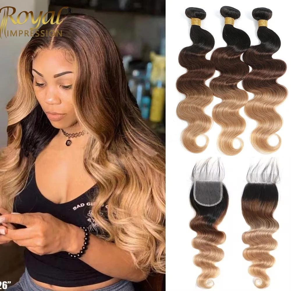 Mèches de cheveux humains ondulés couleur ombrée avec closure, 100% cheveux vierges non traités, couleur 1b/27, extensions de cheveux humains. – Image 9