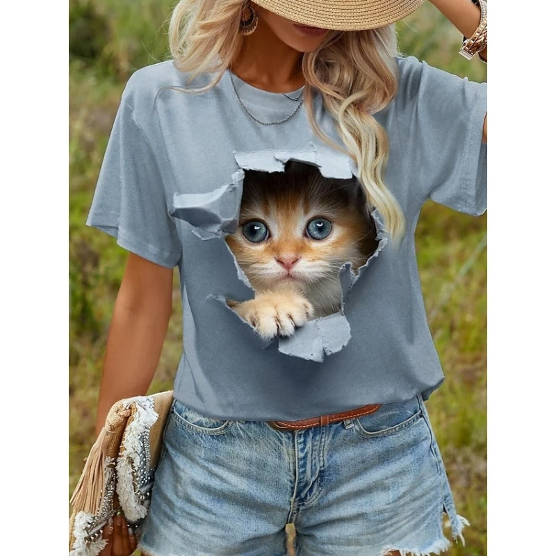 T-shirts décontractés pour femmes avec imprimé chat de dessin animé 3D amusant, col rond, manches courtes, vêtements féminins tendance, chemisier d'été pour filles, t-shirts amples – Image 14
