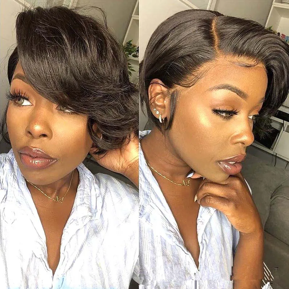 Perruque Pixie Cut en dentelle, cheveux humains, pour femmes, perruque courte droite transparente, perruque en dentelle pré-épilée, cheveux vierges brésiliens. – Image 9