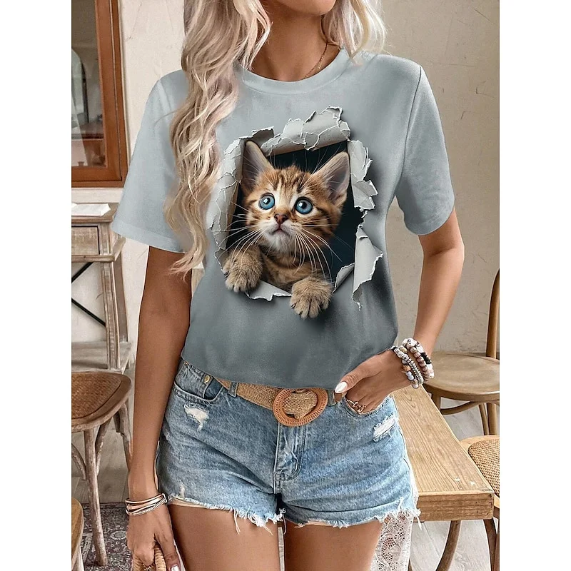 T-shirts décontractés pour femmes avec imprimé chat de dessin animé 3D amusant, col rond, manches courtes, vêtements féminins tendance, chemisier d'été pour filles, t-shirts amples – Image 3