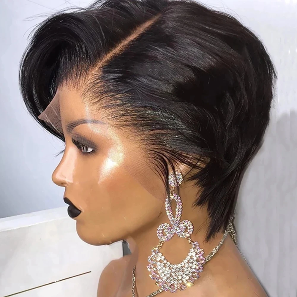 Perruque Pixie Cut en dentelle, cheveux humains, pour femmes, perruque courte droite transparente, perruque en dentelle pré-épilée, cheveux vierges brésiliens. – Image 12