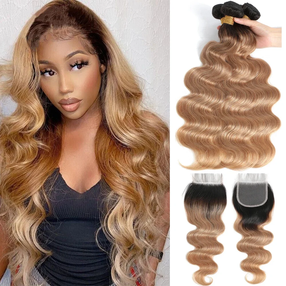 Mèches de cheveux humains ondulés couleur ombrée avec closure, 100% cheveux vierges non traités, couleur 1b/27, extensions de cheveux humains.