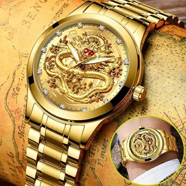Montre en quartz avec diamant, étanche, dorée,  inoxydable