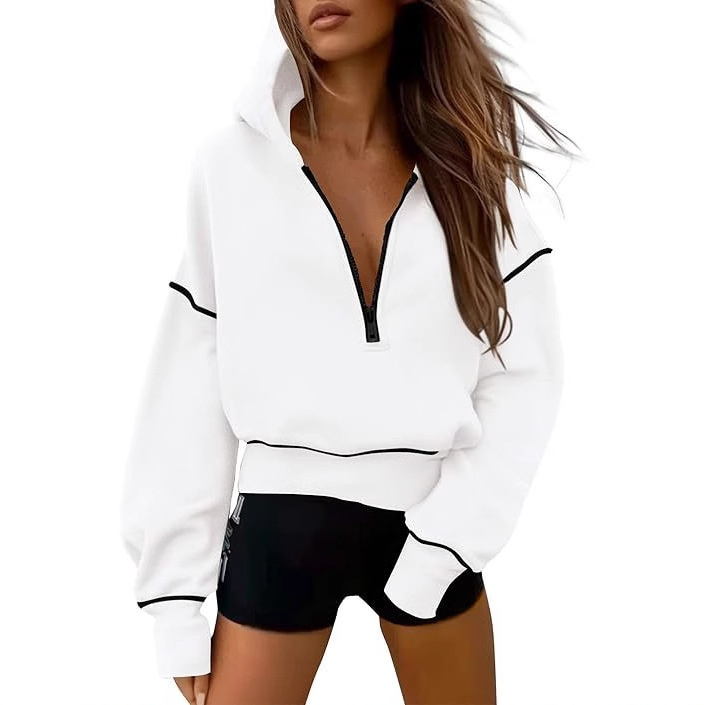 Pull à capuche à manches longues pour femme, demi-fermeture éclair