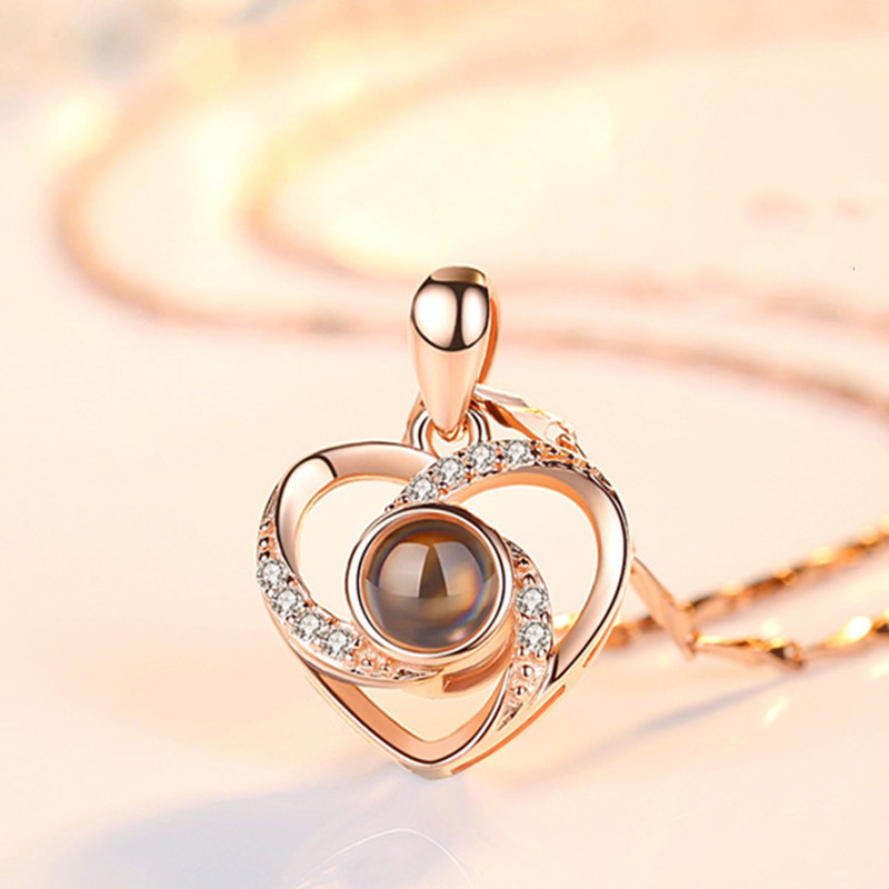 Collier cœur projection « Je t'aime » en 100 langues – argenté ou or rose