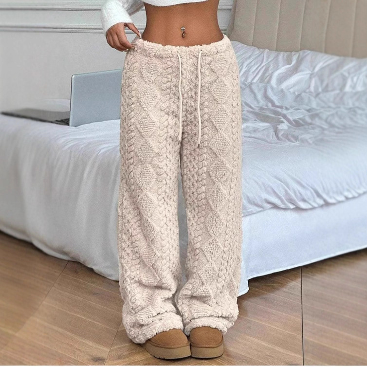 Pantalon décontracté chaud pour femme, de couleur unie, à nouer sur le devant