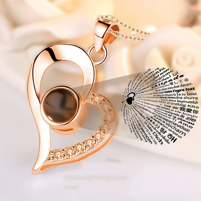 Collier « Je t'aime » en 100 langues – pendentif cœur couleur or rose