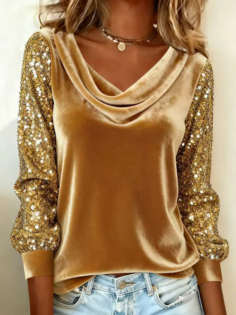 T-shirt à manches longues pour femme, style européen et américain, en velours, à col à volants, paillettes et patchwork – Collection 2026