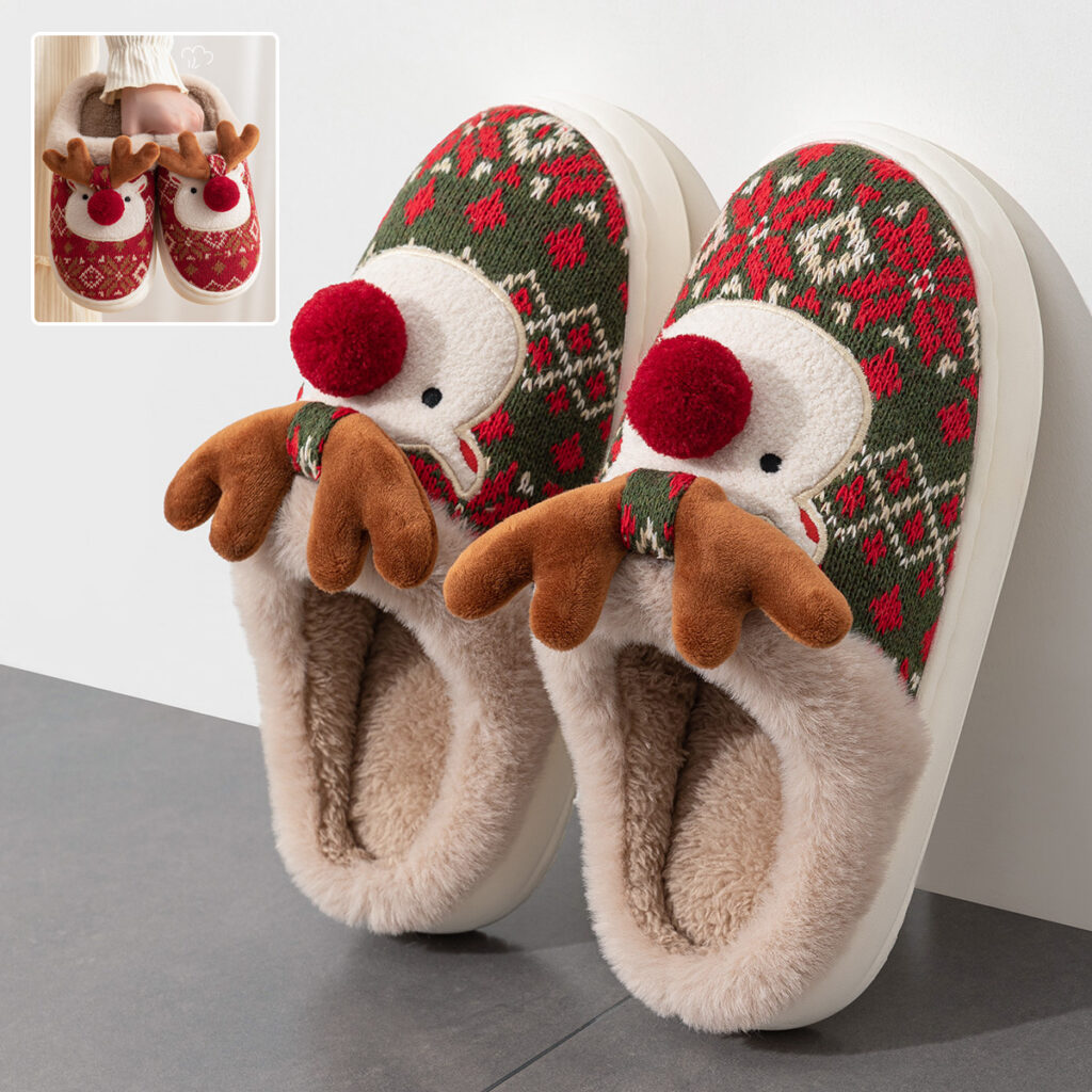 Chaussons de Noël renne en peluche femme – antidérapants