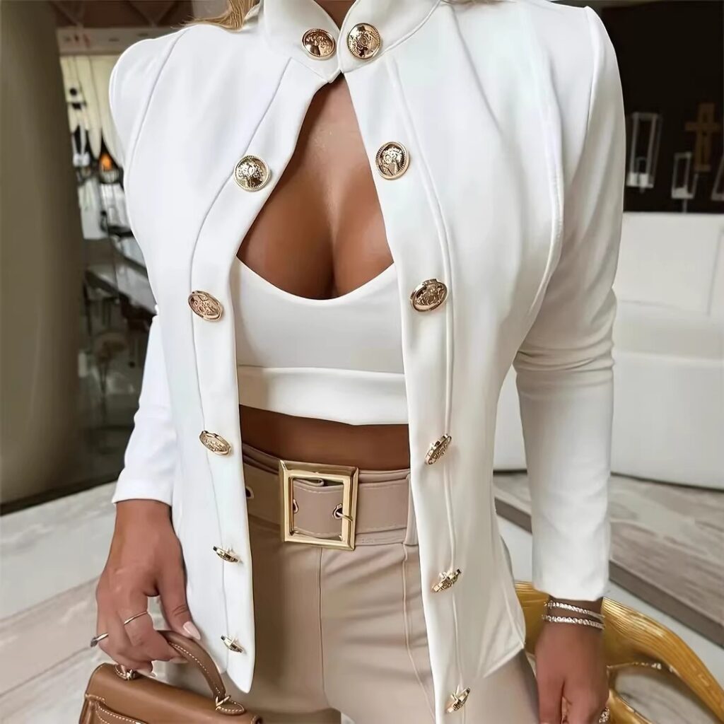Nouveau blazer transfrontalier pour femme, disponible sur Amazon en Europe et aux États-Unis : col montant, manches longues, coupe ajustée et double boutonnage