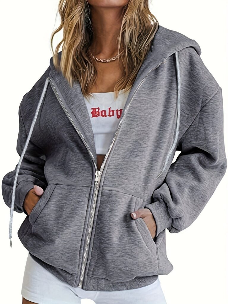 Veste-sweat ample pour femme, exclusive en Europe et aux États-Unis, style automnal, look vintage décontracté, avec poche kangourou à cordon de serrage et épaules tombantes