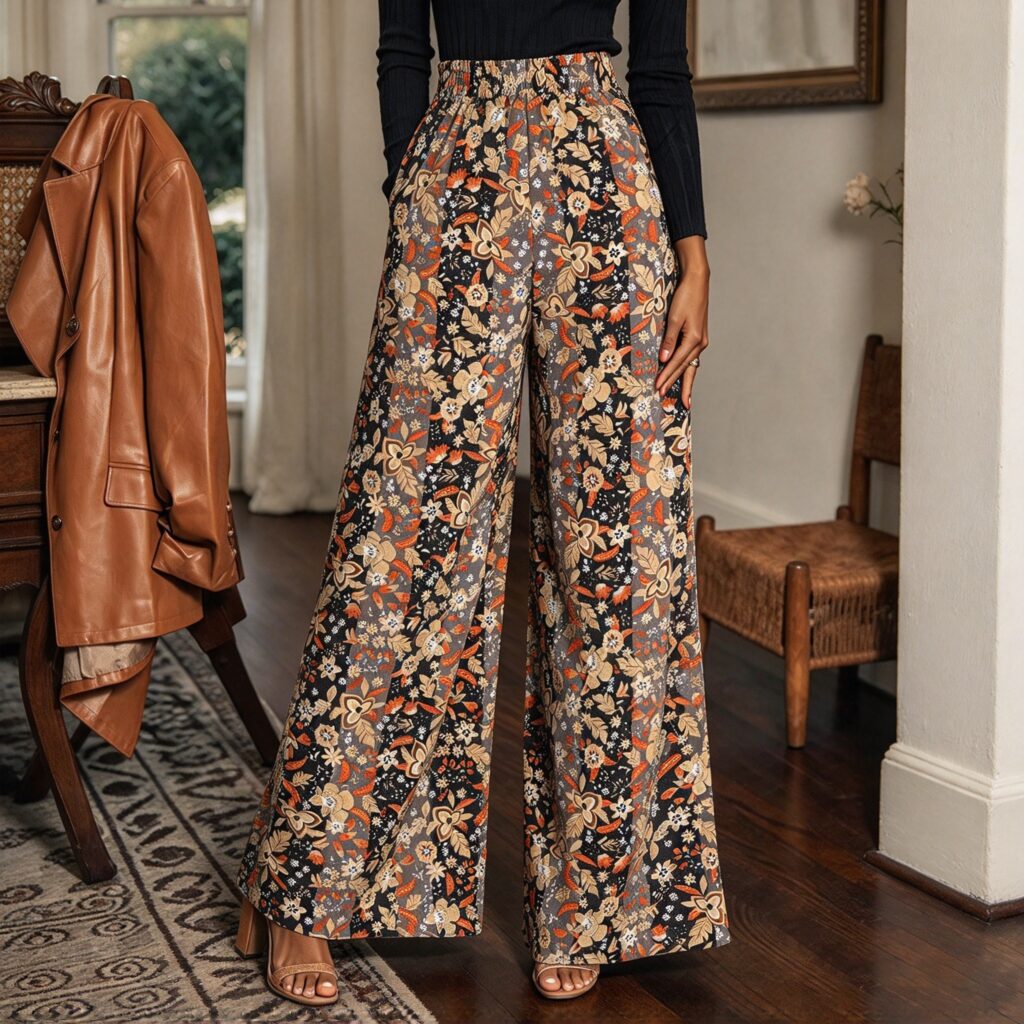 Pantalon large à imprimé floral pour femme, taille haute élastiquée, pantalon palazzo en tissu tissé