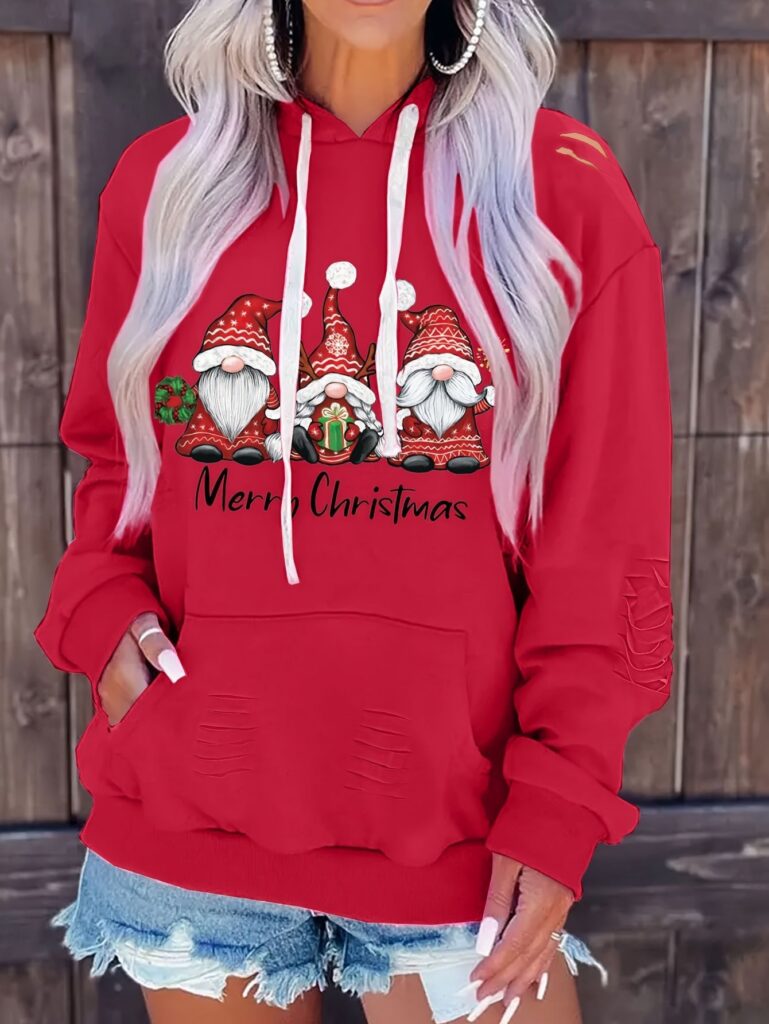 Amazon : Vêtements d'automne pour femmes, vente transfrontalière Europe-États-Unis, sweat à capuche avec poche, imprimé « Gnome de Noël » et effet vieilli, en stock