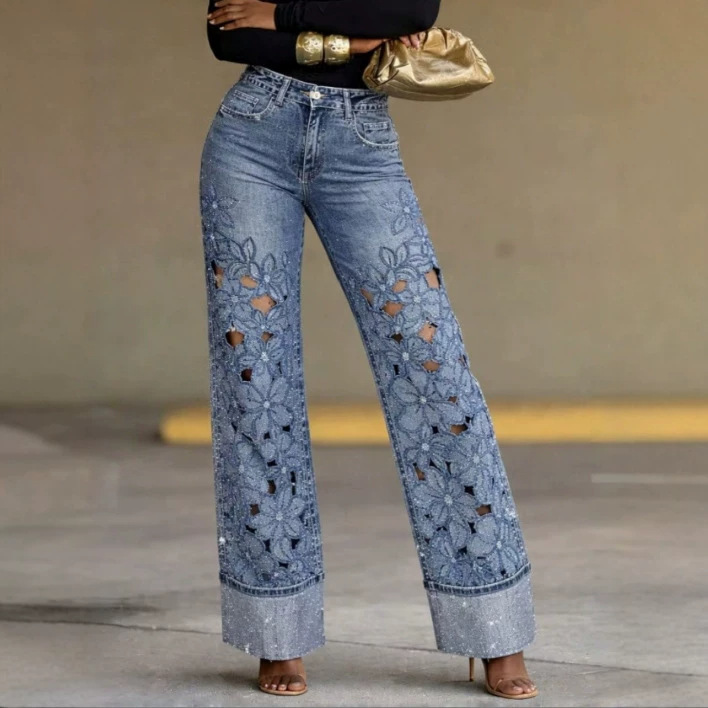 Jeans en dentelle à taille haute et découpes pour femmes, de style européen et américain