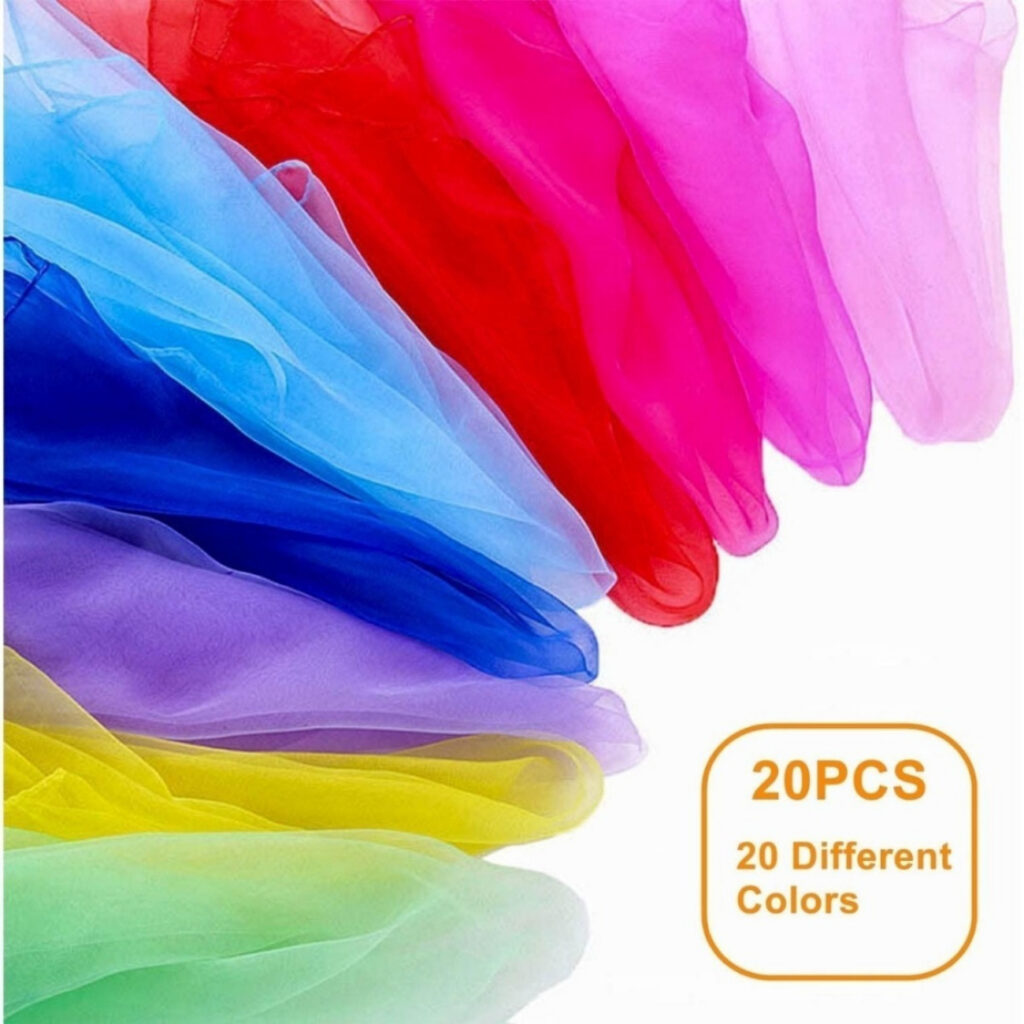 Lot de 20 foulards carrés de jonglage et de danse – 60 x 60 cm, 20 foulards colorés pour les fêtes, les activités et les décorations