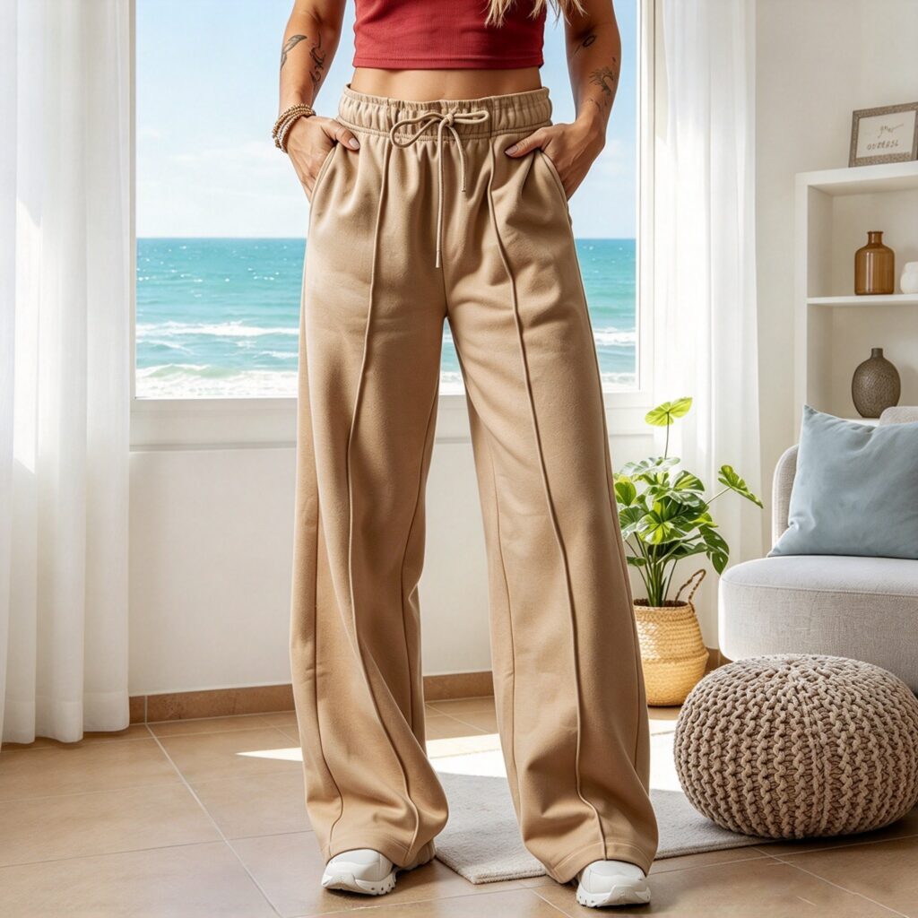 Pantalon pour femme en maille, à jambes larges, à cordon de serrage et taille haute