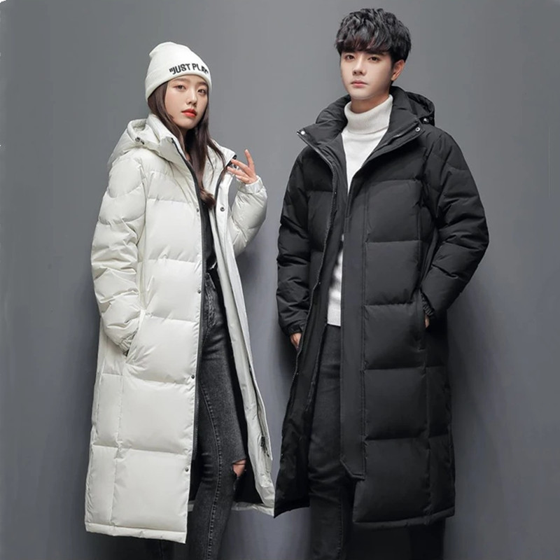 Manteau d'hiver long à capuche pour homme, en duvet de canard blanc, descendant sous le genou