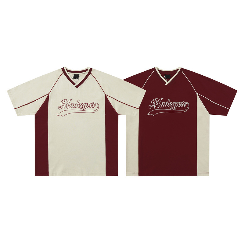 T-shirt d'été ample à manches courtes pour homme, effet patchwork aux couleurs contrastées, avec lettrage pour couple