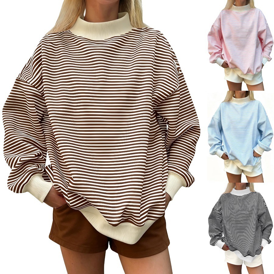 Pull-over décontracté à manches longues rayé pour femme, coupe ample, nouvelle collection automne 2026