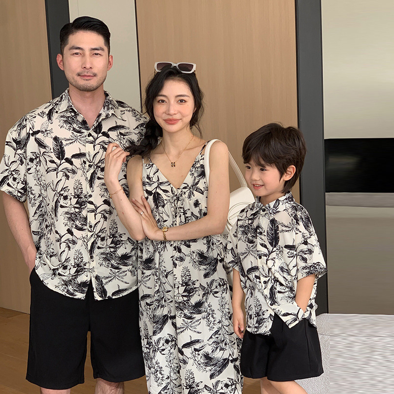 Chemise à manches courtes imprimée, style « resort », assortie pour toute la famille, idéale pour la plage
