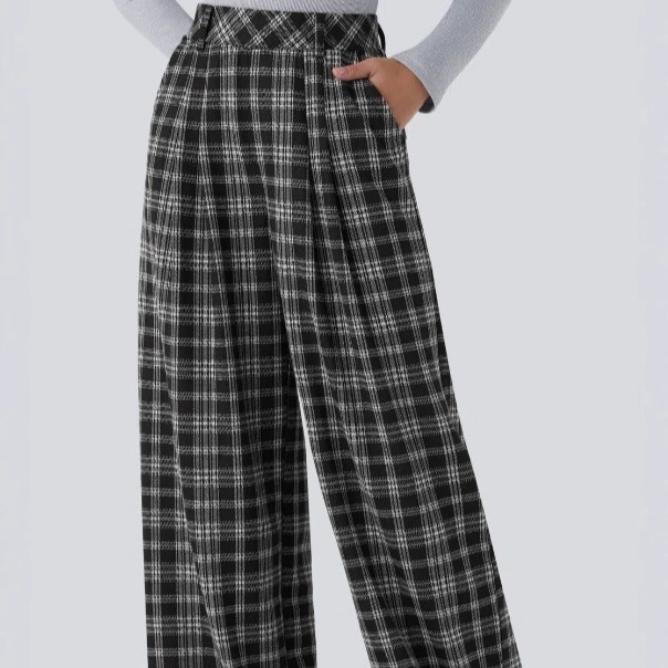 Houndstooth Blended Pleated Straight-leg Casual Trousers