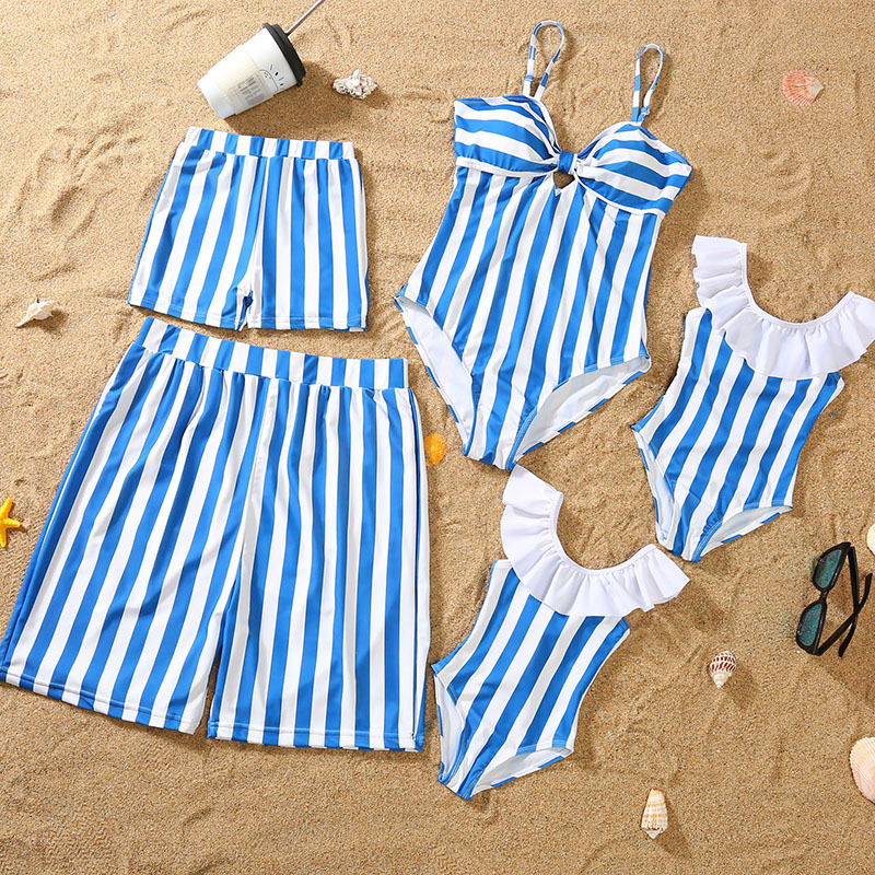 Maillot de bain parent-enfant à rayures bleues et blanches, style bikini