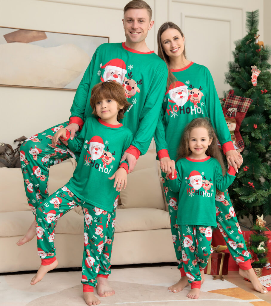 Pyjama de Noël assorti famille – Père Noël vert (papa, maman, enfant, bébé, chien)