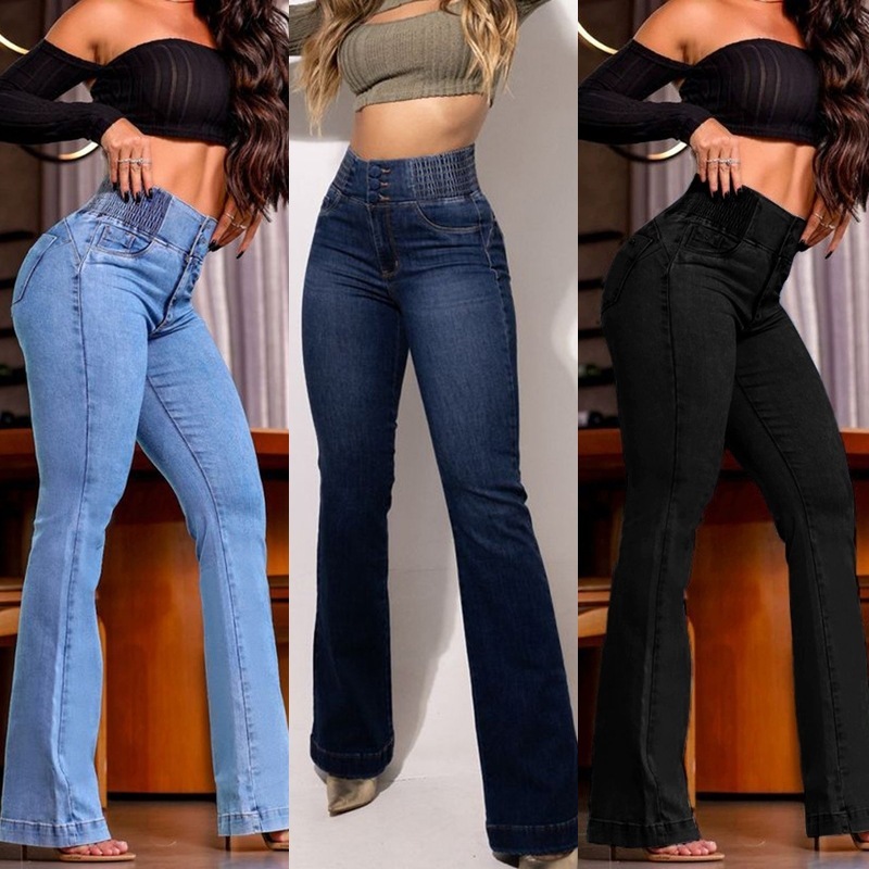 Pantalon en jean à taille haute, élastiquée, coupe ajustée et extensible, avec effet « boot-lift »