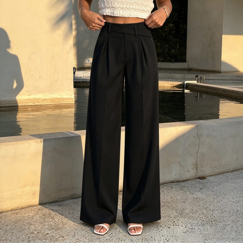 Pantalon noir à taille haute et jambes larges pour femme, pantalon décontracté plissé à taille croisée, avec poches